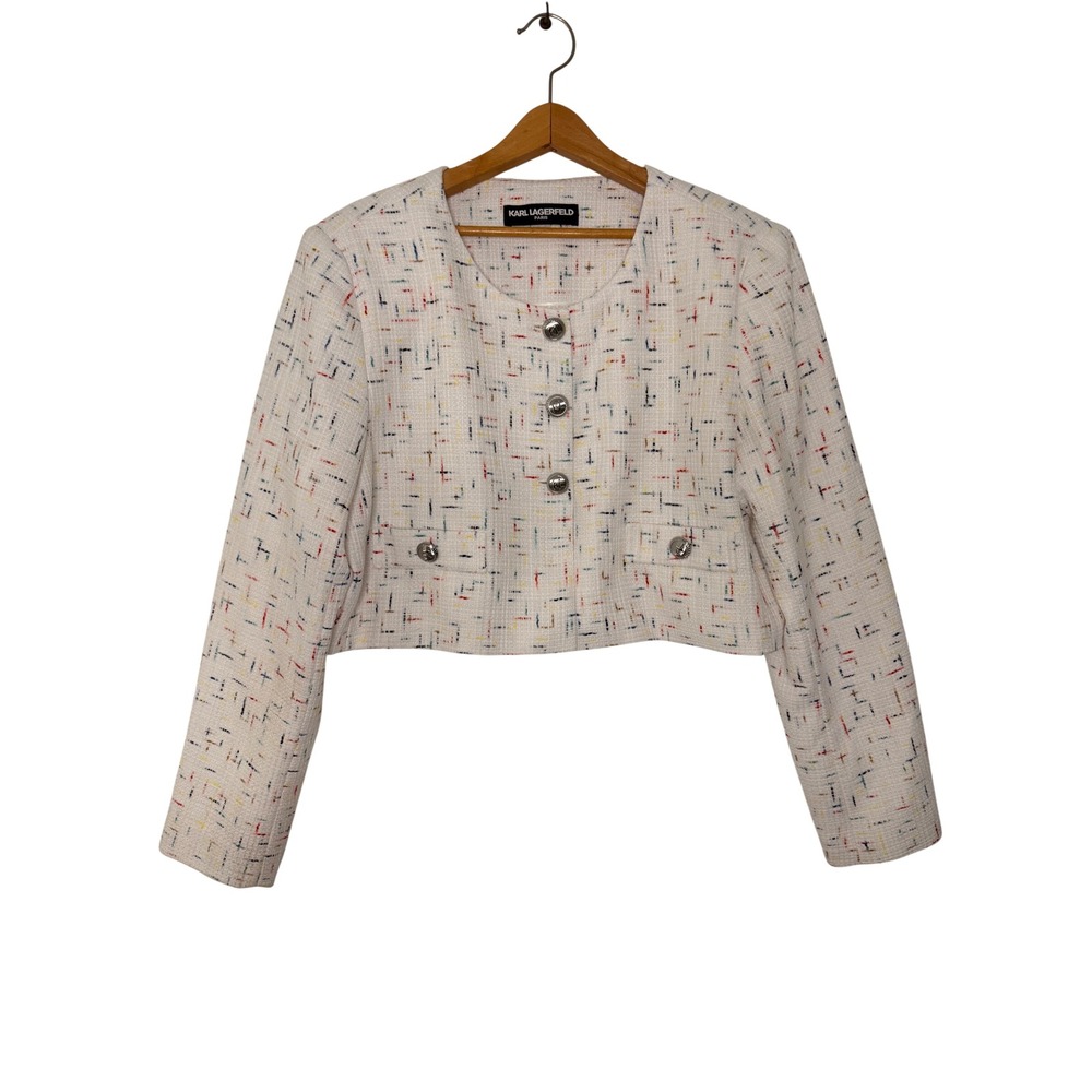 Karl Lagerfeld Paris Womens White Confetti Tweed Cropped Jacket 16 Office Work
